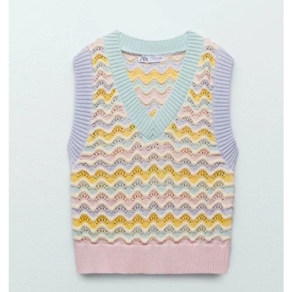 Zara Sweater Vest Womens S Crochet Embroidered Knit Sleeveless Pastel Stripe